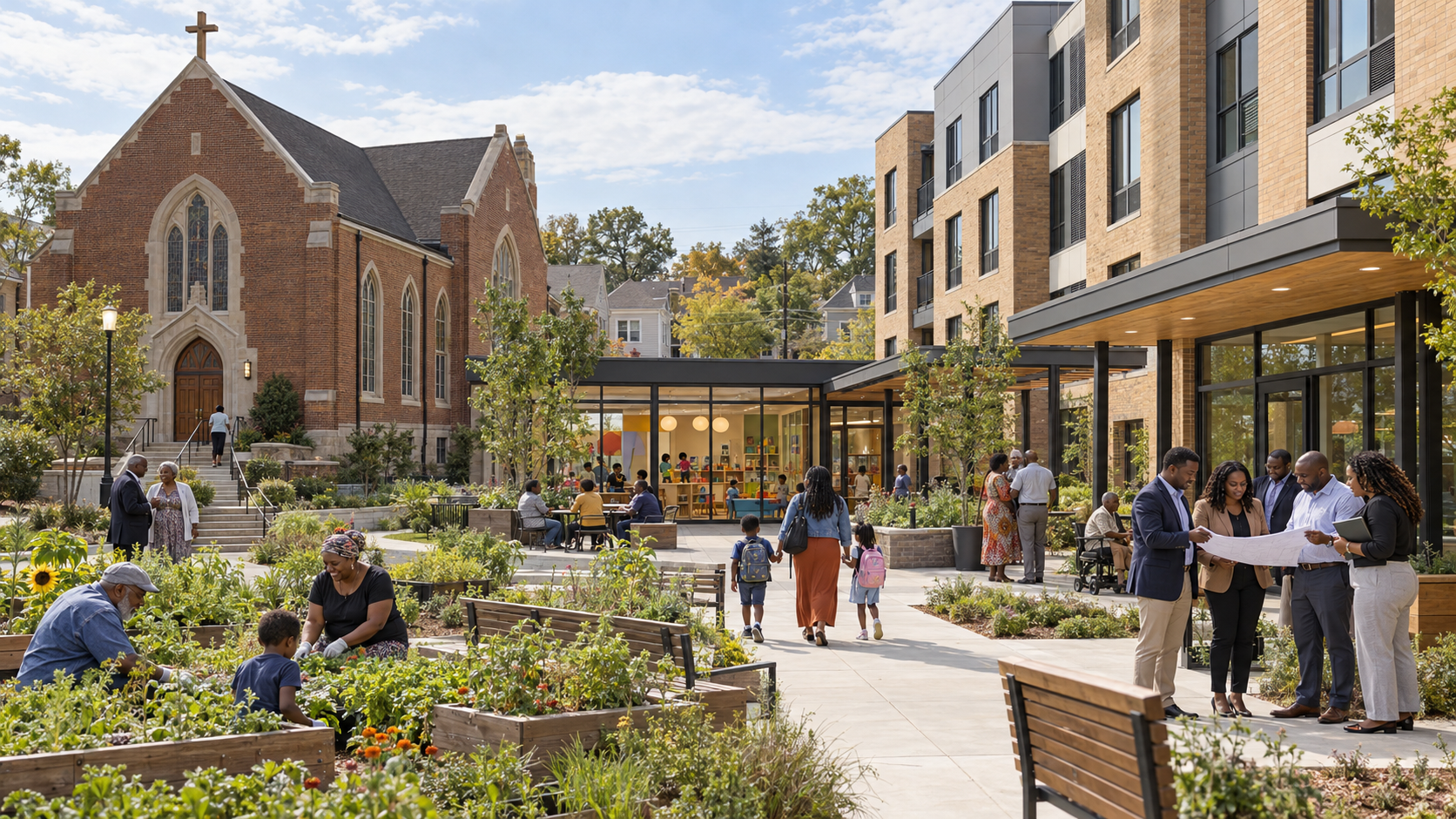Illustrative community development campus with a church, gardens, gathering space, and housing; not the client property.