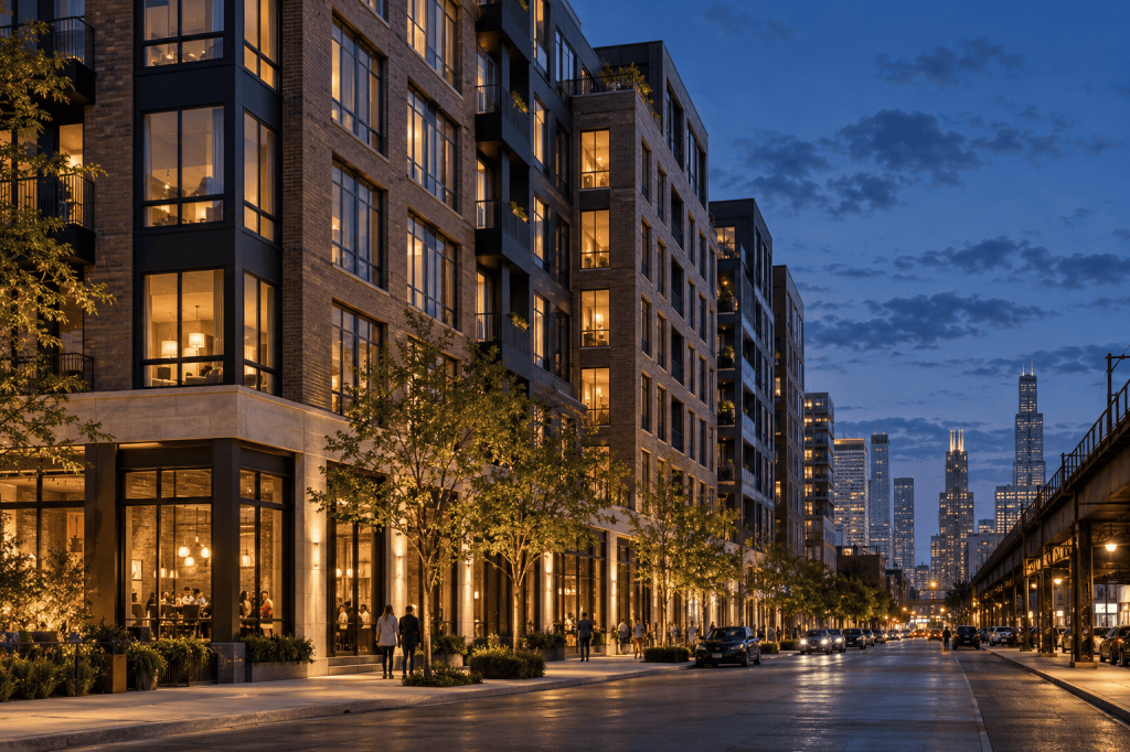 Illustrative mixed-use streetscape at dusk with masonry buildings and illuminated storefronts.